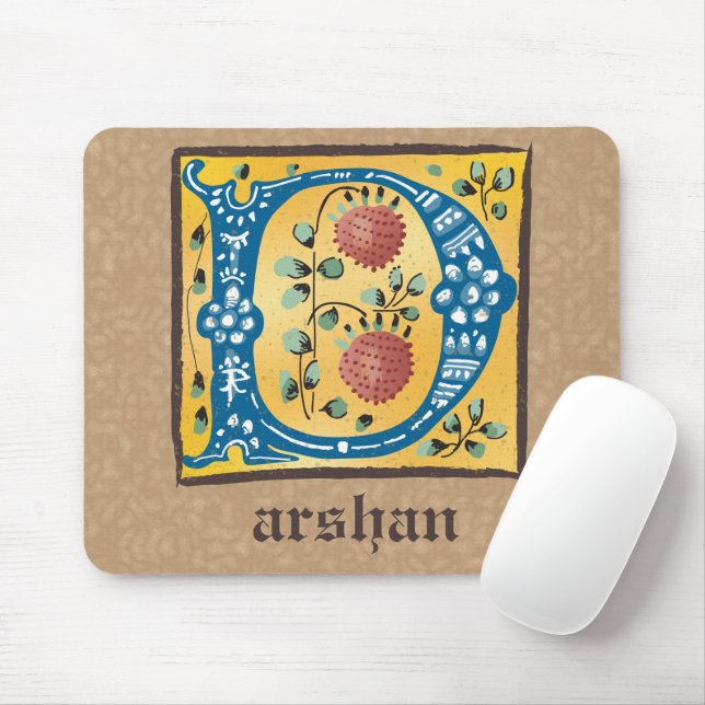 Mousepad Letra Floral Iluminada Medieval D Monograma (Com mouse)