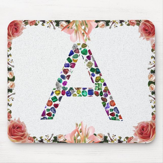 Mousepad Letra inicial A com gemstone Floral Monograma (Frente)