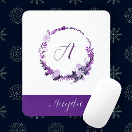 Mousepad Letra Inicial Monograma Floral Roxo Elegante Chic