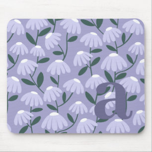 Mousepad Letra Inicial Monograma Padrão Floral Azul Roxo