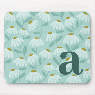 Mousepad Letra Inicial Monograma Padrão Floral Azul Turques