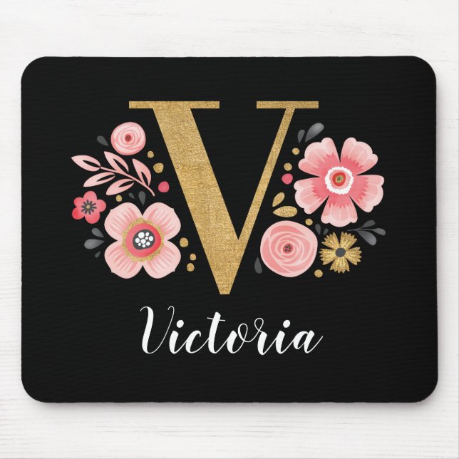 Mousepad Letra Negra Cor-de-Rosa Inicial Monograma Clássica (Frente)