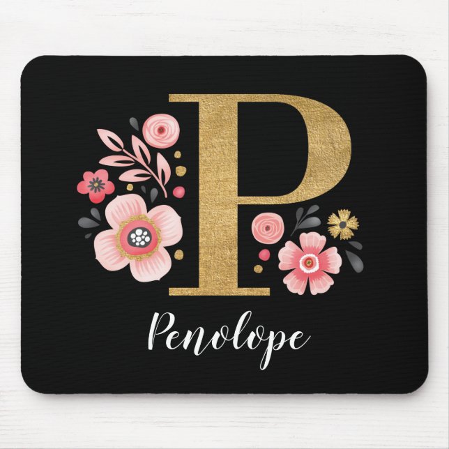 Mousepad Letra Negra Cor-de-Rosa Inicial Monograma Clássica (Frente)