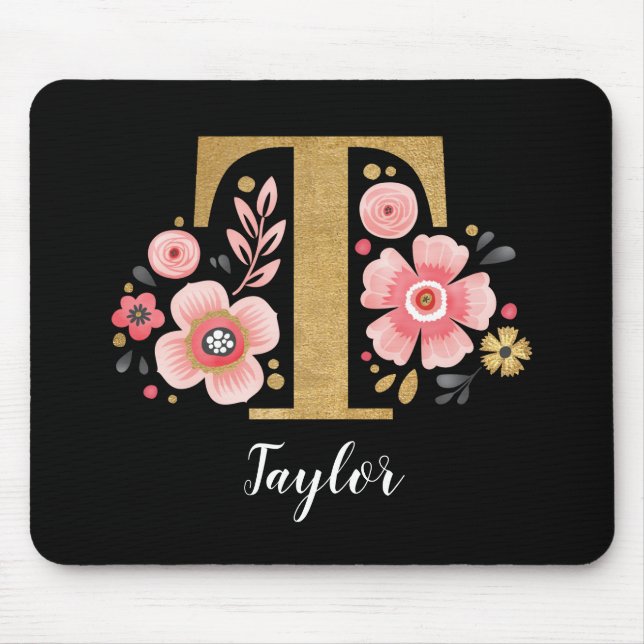 Mousepad Letra Negra Cor-de-Rosa Inicial Monograma Clássica (Frente)