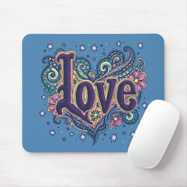 Mousepad Letra Psychedelic Boho Love com Destaque Floral (Com mouse)