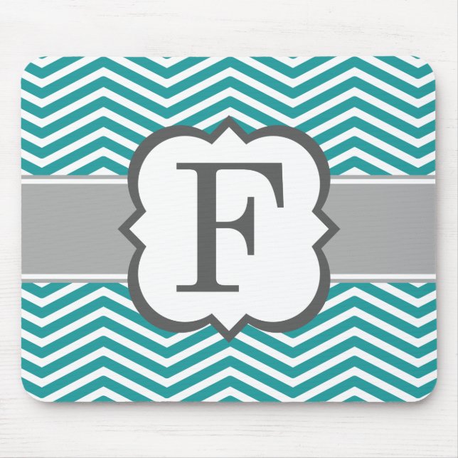 Mousepad Letra Teal Branco Monograma F Chevron (Frente)