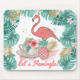 Mousepad Lets Flaminging Rosa e Dourado Flamingo