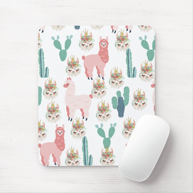 Mousepad Lhamas Rosa Fofo e Cacto Verde (Com mouse)