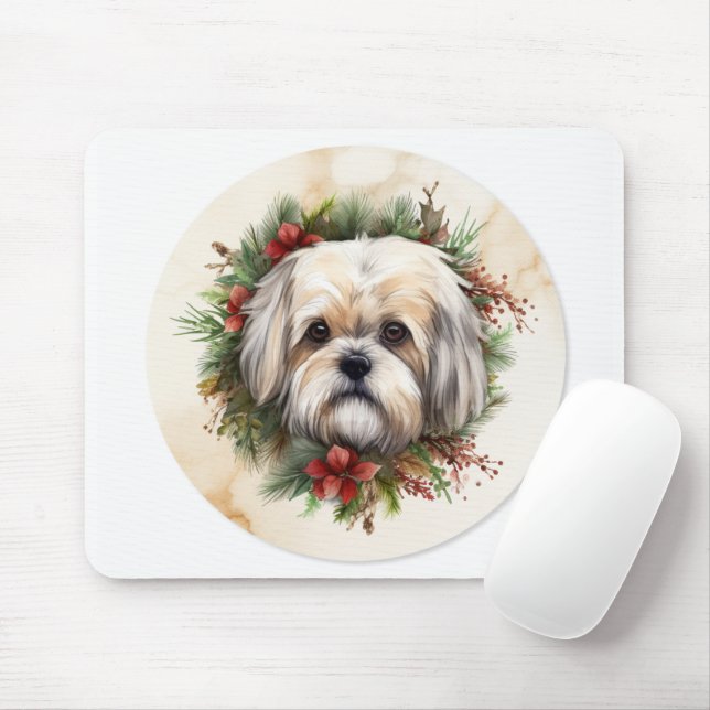 Mousepad Lhasa Apso Christmas Wreath Festivo Pup (Com mouse)