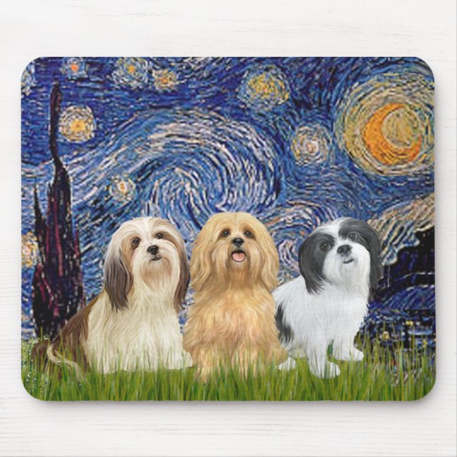 Mousepad Lhasa Apsos (três) - Noite Estrelada (Frente)