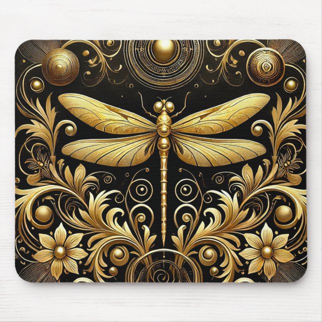 Mousepad Libélula Dourada Rodeada por Floral Ornamentada (Frente)
