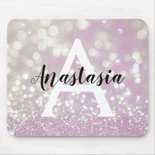Mousepad Lilás Girly Brilho Glitter Faíscas Monograma Nome