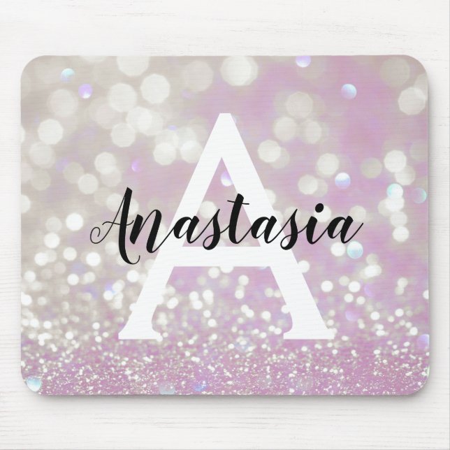 Mousepad Lilás Girly Brilho Glitter Faíscas Monograma Nome (Frente)