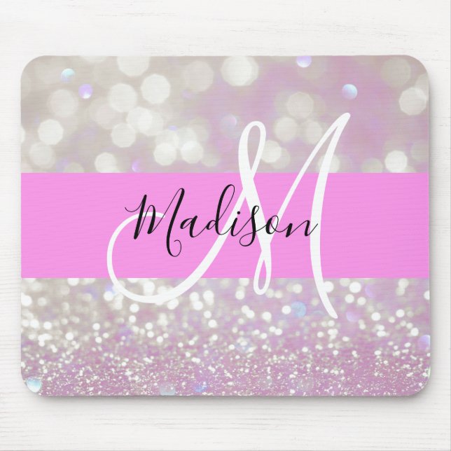 Mousepad Lilás Menina Brilho Glitter Faíscas Monograma Nome (Frente)