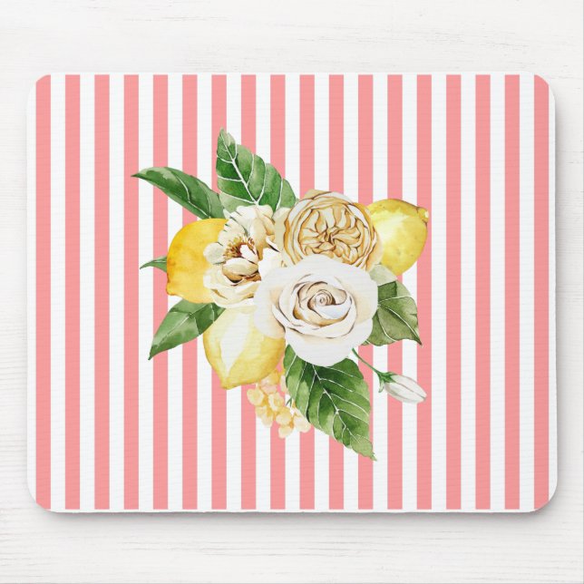 Mousepad Limão e rosas em tiras de coral (Frente)