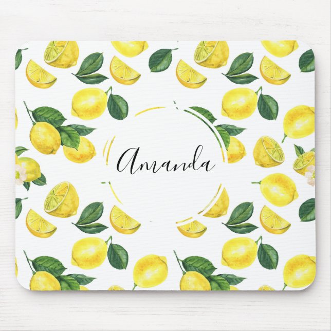 Mousepad Limões Amarelos Padrão de Fruta de Aquarela (Frente)
