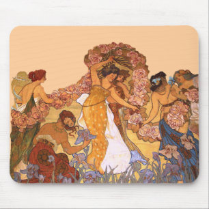 Mousepad Linda Arte Nouveau Mulheres com Írisos e Rosas
