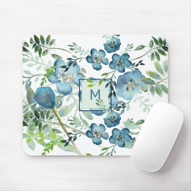 Mousepad Linda Azul-Cor Floral com Inicial (Com mouse)