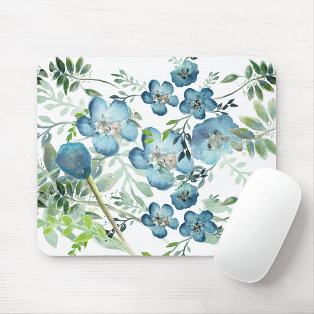 Mousepad Linda Azul Elegante Aquarela Verde Floral (Com mouse)