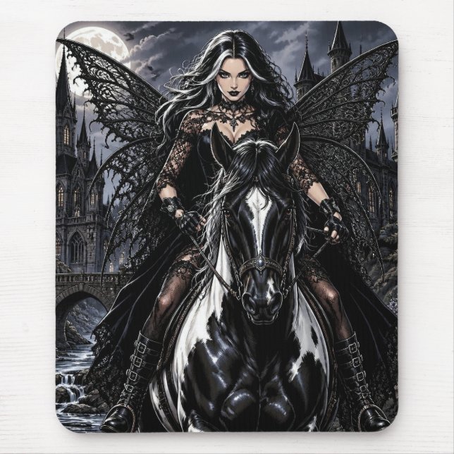 Mousepad Linda Fada Gótica em Cavalo Preto (Frente)