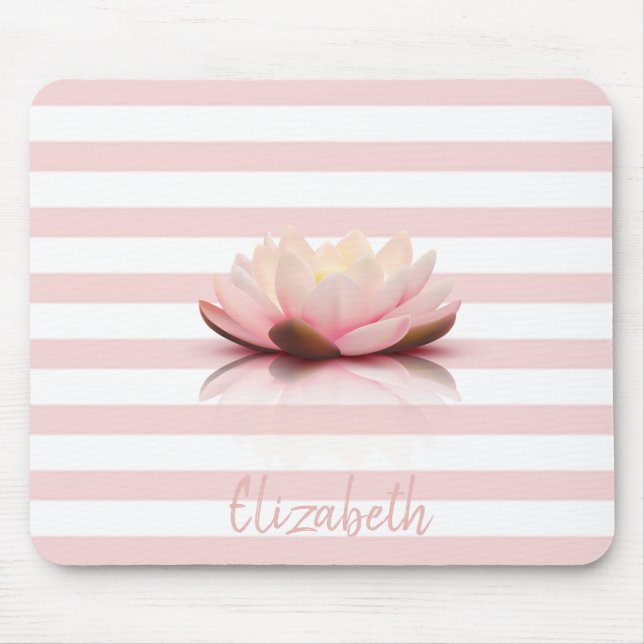 Mousepad Linda Flor de Lótus. Listras Brancas Rosa (Frente)