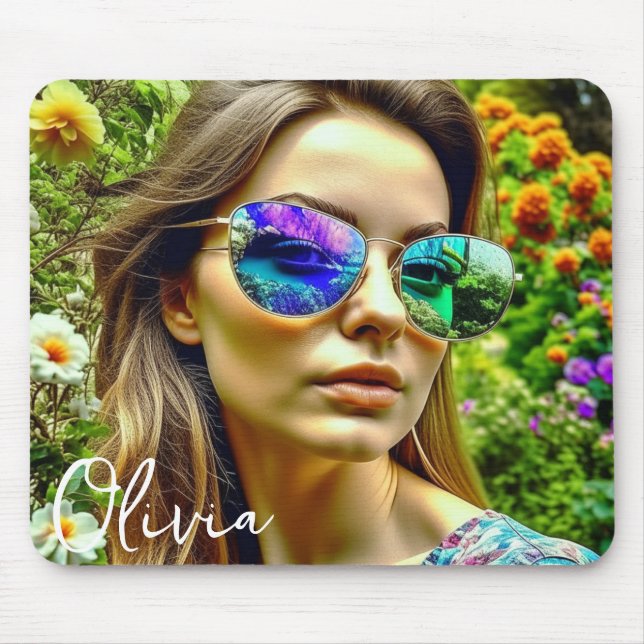 Mousepad Linda garota com óculos de sol Refletindo flores (Frente)
