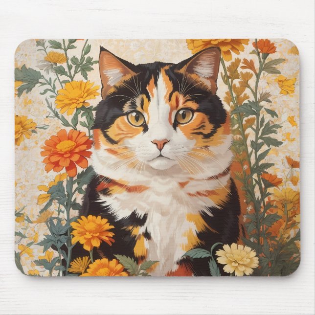 Mousepad Linda Gato Calico Com Flores Marigold (Frente)