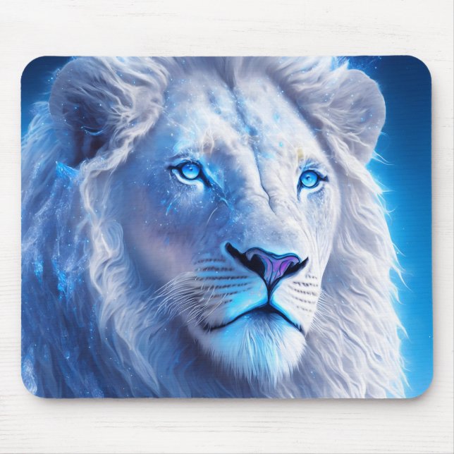 Mousepad Linda Leão Místico Branco com Olhos Azuis (Frente)