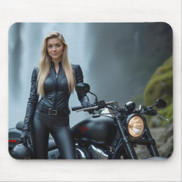Mousepad Linda mulher ao lado da cascata de motocicleta