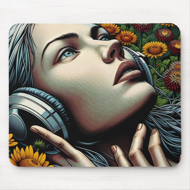 Mousepad Linda mulher com Fones de ouvido em girassóis (Frente)