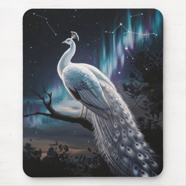Mousepad Linda Pavão Branco Aurora Borealis Cênico (Frente)