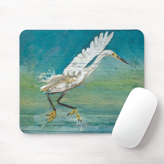 Mousepad Linda pintura de pássaros da orla costeira Egret (Gorgeous Egret Shorebird On Water Art mouse pad from Jenn's Emporium. )