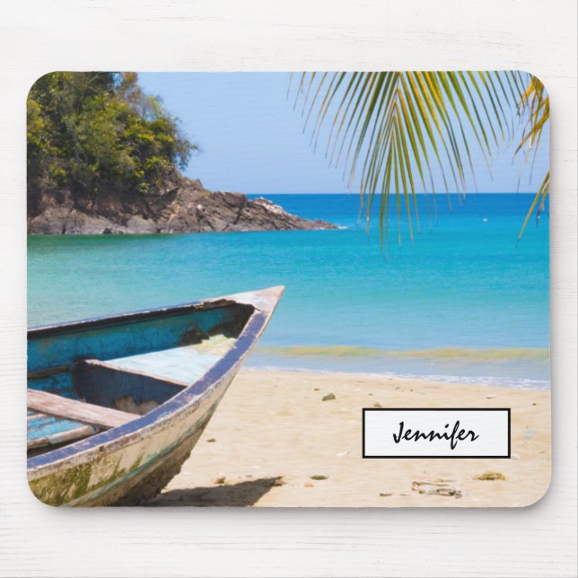 Mousepad Linda praia tropical com um barco a remo (Frente)
