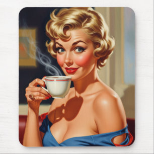 Mousepad Linda Retro Mulher com uma xícara de café
