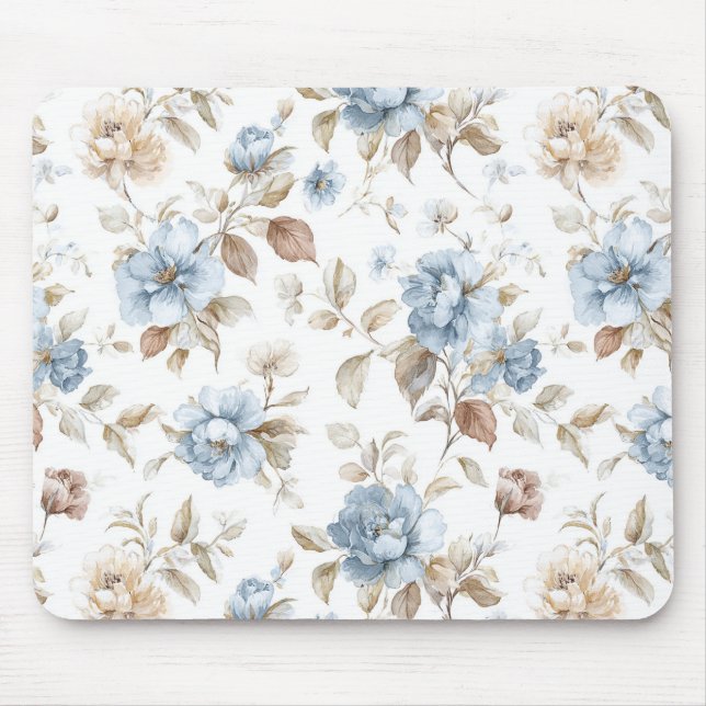Mousepad Lindas Flores Azuis Creme Bege Marrom (Frente)