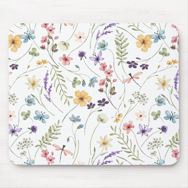 Mousepad Lindas flores de aquarela e borboletas (Frente)