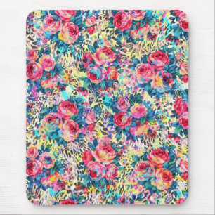 Mousepad Lindas rosas de colheita aquarelas florais leopard
