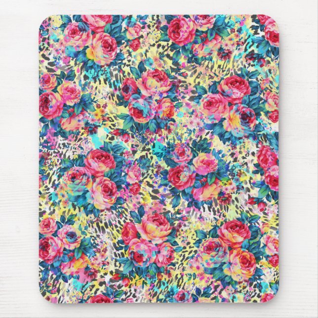 Mousepad Lindas rosas de colheita aquarelas florais leopard (Frente)