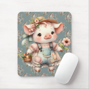 Mousepad Lindíssimo Leitão Pastel em Macacão Cottagecore