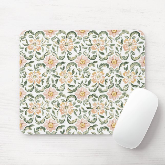Mousepad Lindo Floral Rosa Bege Folhas Verdes (Com mouse)