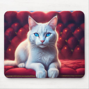 Mousepad Lindo Gato Albino de Olhos Azuis em Sofá Vermelho