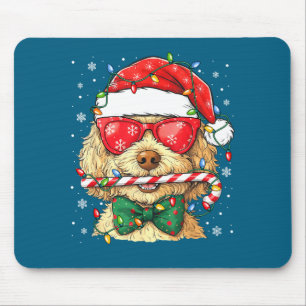 Mousepad Lindo Goldendoodle Chapéu de Papai Noel Luzes de N