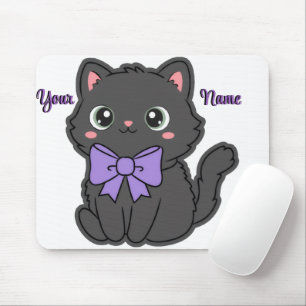 Mousepad Lindo Kawaii Gato Preto Sentado com Laço Roxo Pers