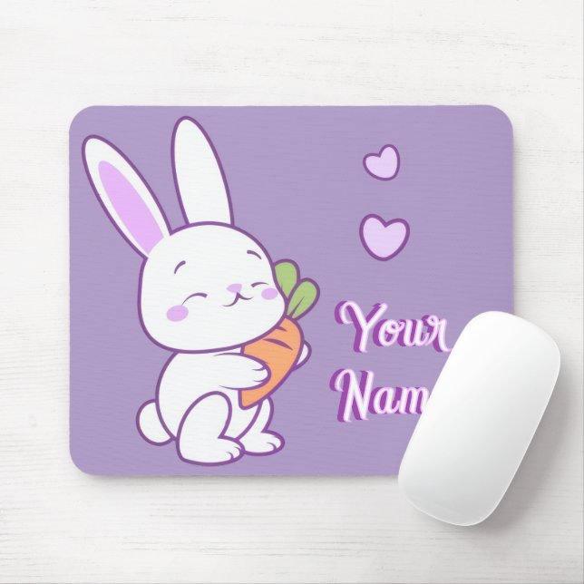 Mousepad Lindo Kawaii Pastel Roxo Nome Personalizado Coelho (Com mouse)
