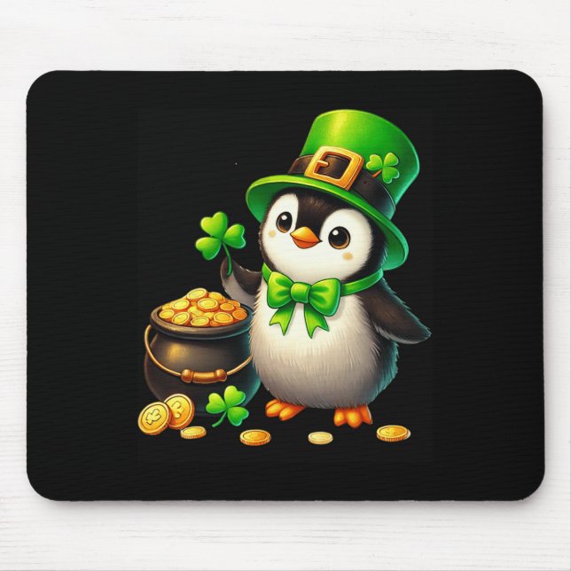 Mousepad Lindo Leprechaun de Pinguim Dia de São Patrício Me (Frente)