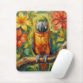 Mousepad Lindo Papagaio de Impasto Colorido e Flor Tropical