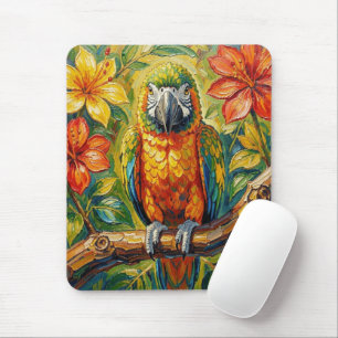 Mousepad Lindo Papagaio de Impasto Colorido e Flor Tropical