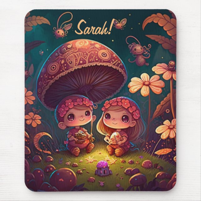 Mousepad Lindos elfos brincam sob cogumelos (Frente)