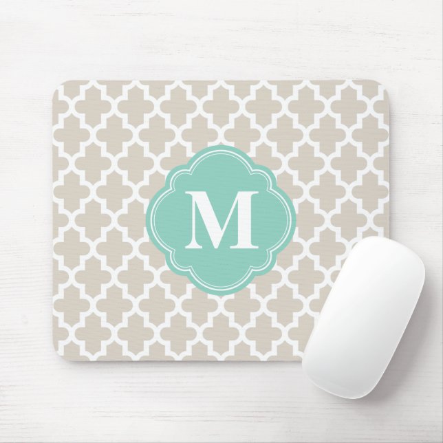 Mousepad Linen Beige e Aqua - Monograma Personalizado de Ma (Com mouse)