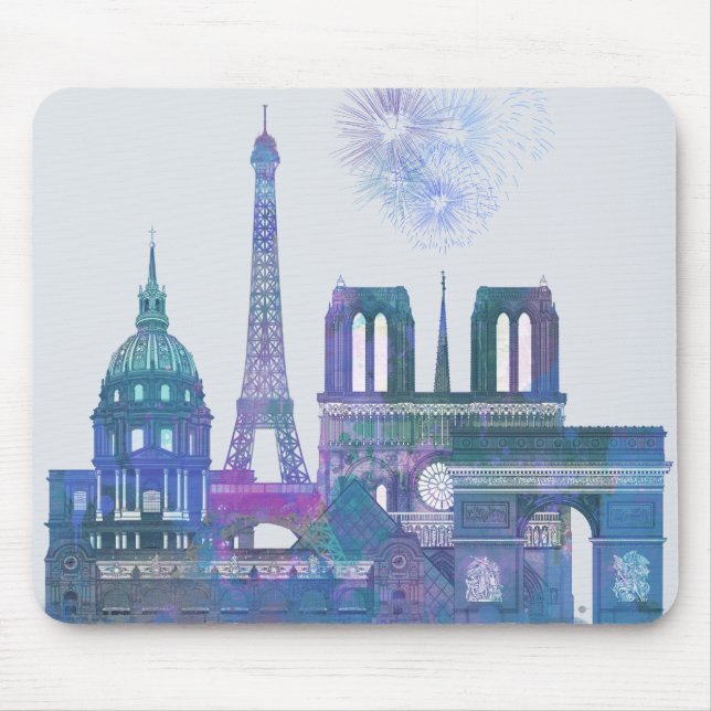 Mousepad Linha do Skyline de Paris - Azul Aquarela (Frente)